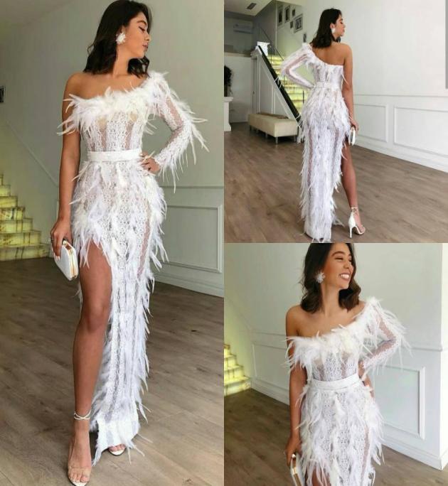 

2019 White Sexy Evening Dresses High Side Split Lace Feather One Shoulder Mermaid Prom Dress Floor Length Long Cocktail Party Gown1671778, Royal blue