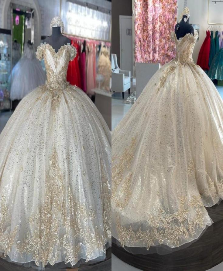 

2022 White and Champagne Floral Flowers Quinceanera Prom dresses Ball Gown off the shoulder with Sleeves Glitter Tulle Sweet 15 Pa9351183, Chocolate