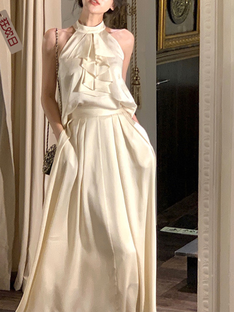 

Two Piece Dress Elegant Sets for Women Sleeveless Streetwear Fashion Sweet Slim Solid A Llne 2023 Spring Summer 230627, Beige