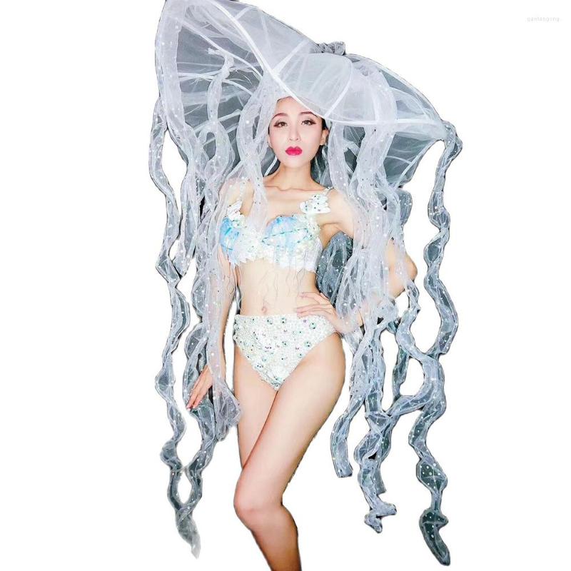 

Stage Wear Sparkling Rhinestones Pearl Appliques Bikini Sets Mesh Gauze Hat Personality Performance Costume Ladies Role Playing