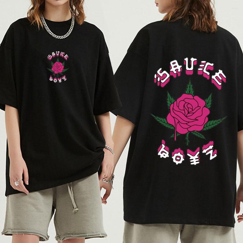 

Men's T Shirts Rapper Eladio Carrion T-shirt Sauce Boyz Rose Flowe Print T-shirts Men Women Short Sleeves Oversized Shirt Hip Hop Streetwear, Red