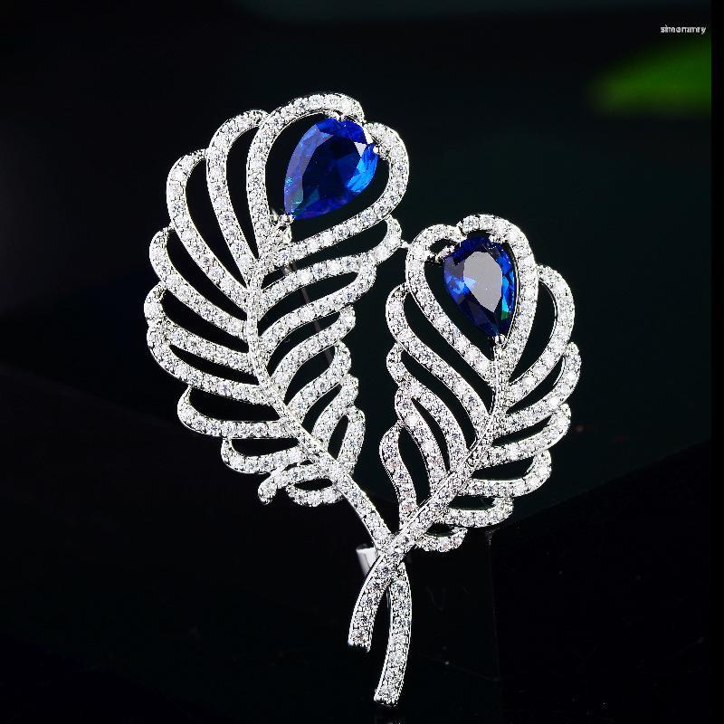 

Brooches OKILY Fashion Cubic Zircon Feather Brooch Atmospheri Double Plant Leaf Broochpins For Woman Delicate Jewelry Coat Jacket Corsage