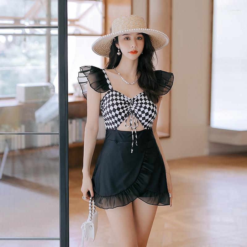 

Women's Swimwear Women One Piece Swimsuit Half Sleeved Patchwork Lotus Leaf Skirt Fairy Style Small Fresh Spring Summer Choose, Picture shown