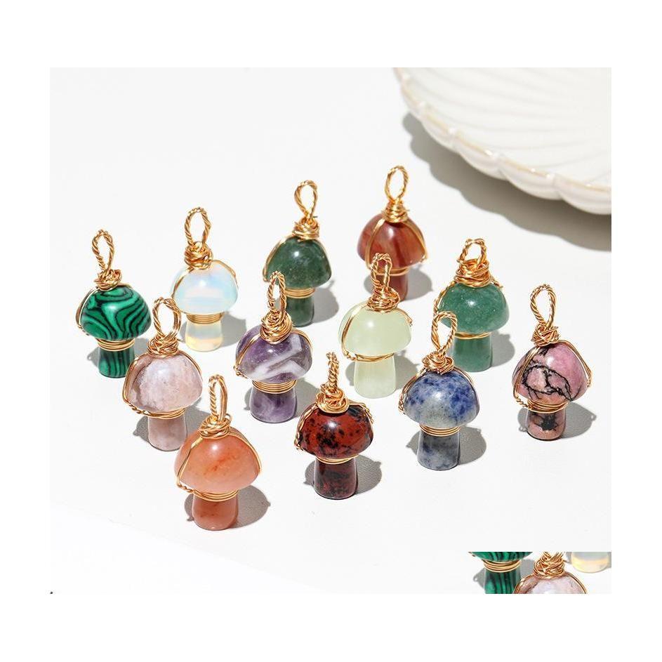 

Charms Natural Crystal Stone 2Cm Mushroom Statue Carving Reiki Healing Gold Wire Wrap Pendant For Necklace Jewelry Making Drop Deliv Dhybn