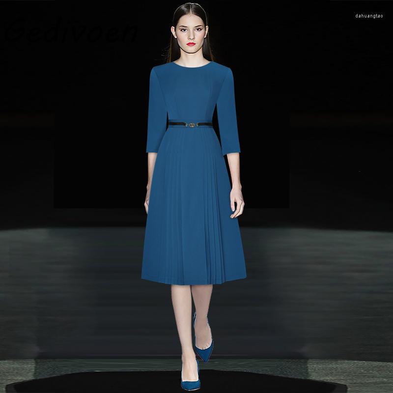 

Casual Dresses Gedivoen Runway Designer Autumn Fashion Office Lady Midi Dress Women' O-Neck 3/4 Length Sleeve Slim A-Line Draped XXL, Blue