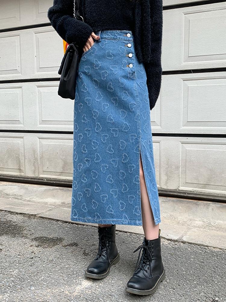 

Skirts Spring Korean High-waisted Spilt Thin Washed Mid-length A-line Love Pattern Denim Women Fashion Streetwear 2023, Blue