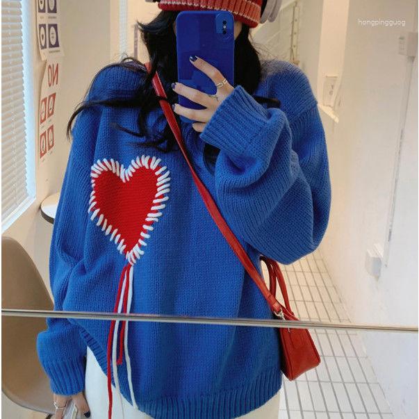 

Women' Sweaters 2023 Blue Love Design Pullover Sweater Girl Korean Fashion O-Neck Polyester England Style Tops Vestidos Blusas