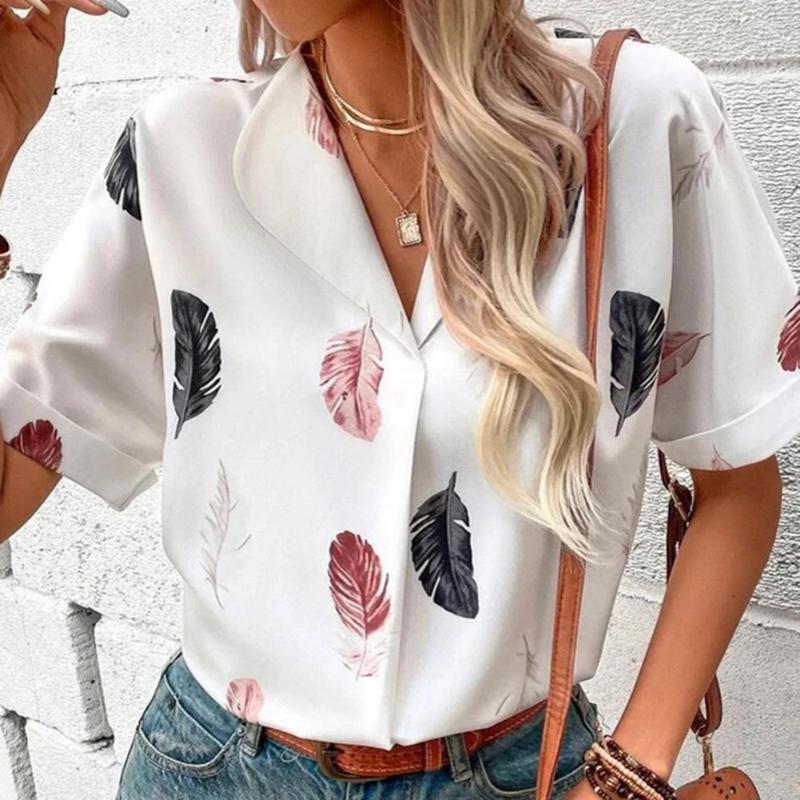 

Women's Blouses Women Summer Shirt Feather Print Lapel Short Sleeves Loose OL Style Commute Soft Breathable Blouse Top Female Clothes, Blue