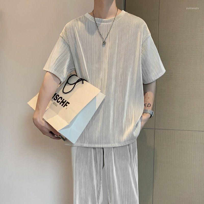 

Men's Tracksuits Summer Ice Silk Short-sleeved T-shirts Trousers Suit Men's Loose Large Size Two Piece Long Pants Shirts Male Sports, Coffee suit