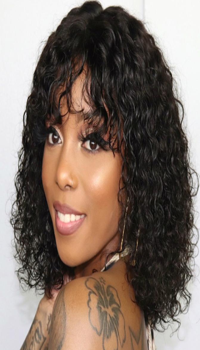 

4x4 Curly Lace Closure Wig Brazilian Human Hair Wigs With Bangs for Black Women 150 Remy Hair Short Bob Wig2212617, Natural color