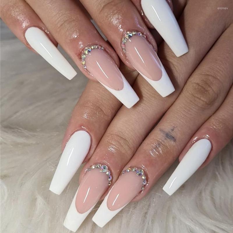 

False Nails 24Pcs Long Coffin White French Ballerina With Rhinestones Wearable Fake Art Full Cover Press On Tips, 186