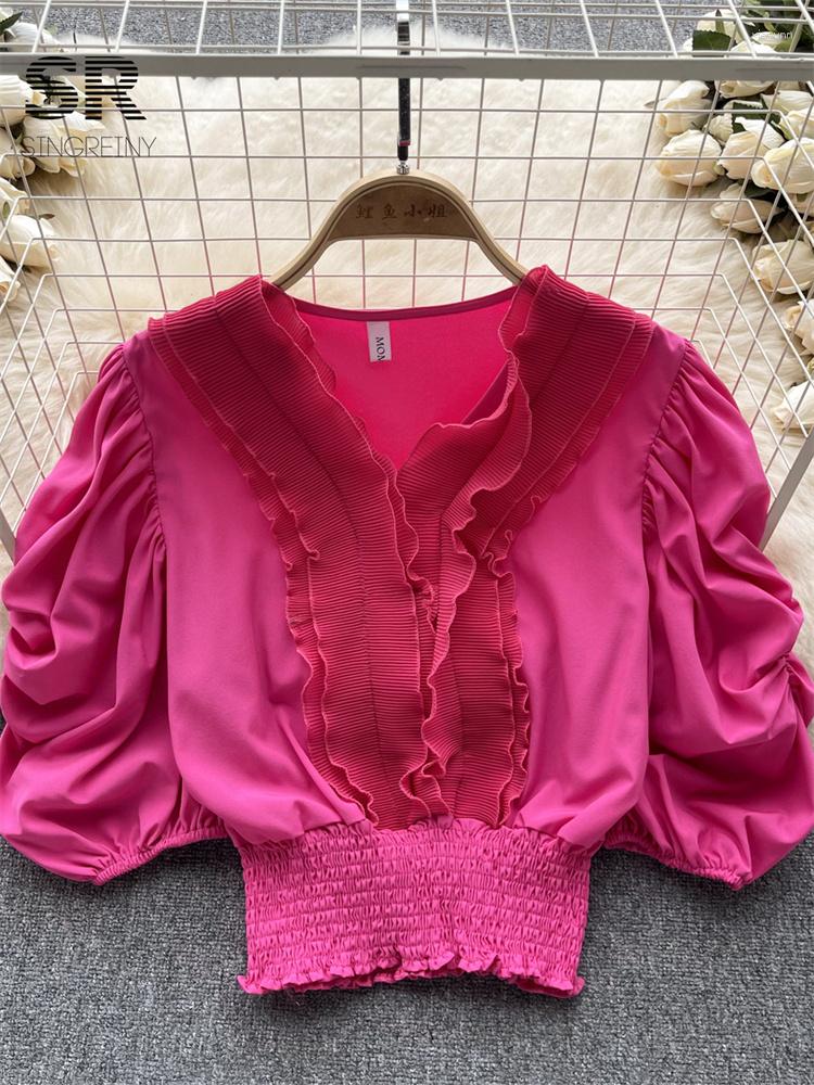 

Women's Blouses SINGREINY Ruffles Ruched Women Shirt Summer V Neck Elastic Waist Elegant French Ladies Solid Casual Slim Party Blouse, Blue