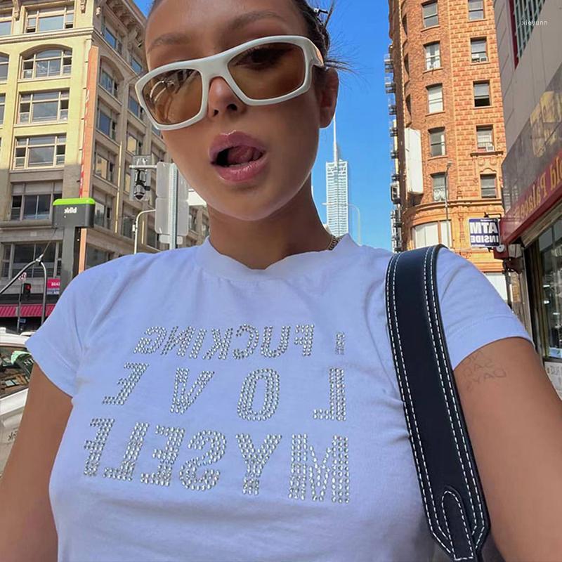 

Women' T Shirts Rhinestones Letters Aesthetic Slim Tees Y2k Streetwear Sexy Short Sleeve Tshirts Women Summer Vintage Harajuku O-Neck Crop, Tz007-chunbai