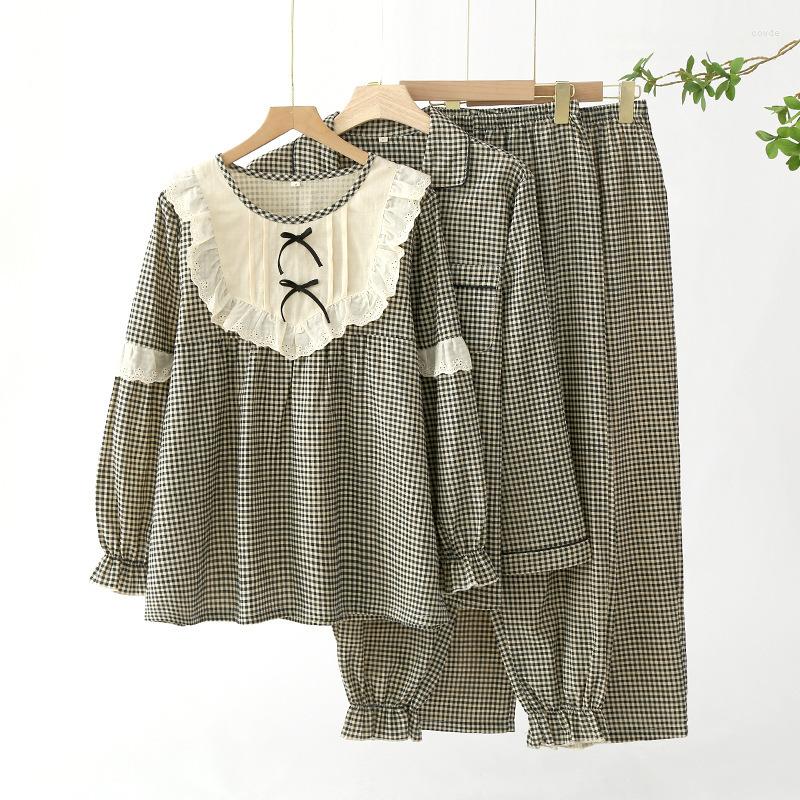 

Women's Sleepwear Small Plaid Cotton Double-Layer Gauze Pajamas Couple Long-Sleeved Trousers Men And Women Four Seasons Thin Lace Home