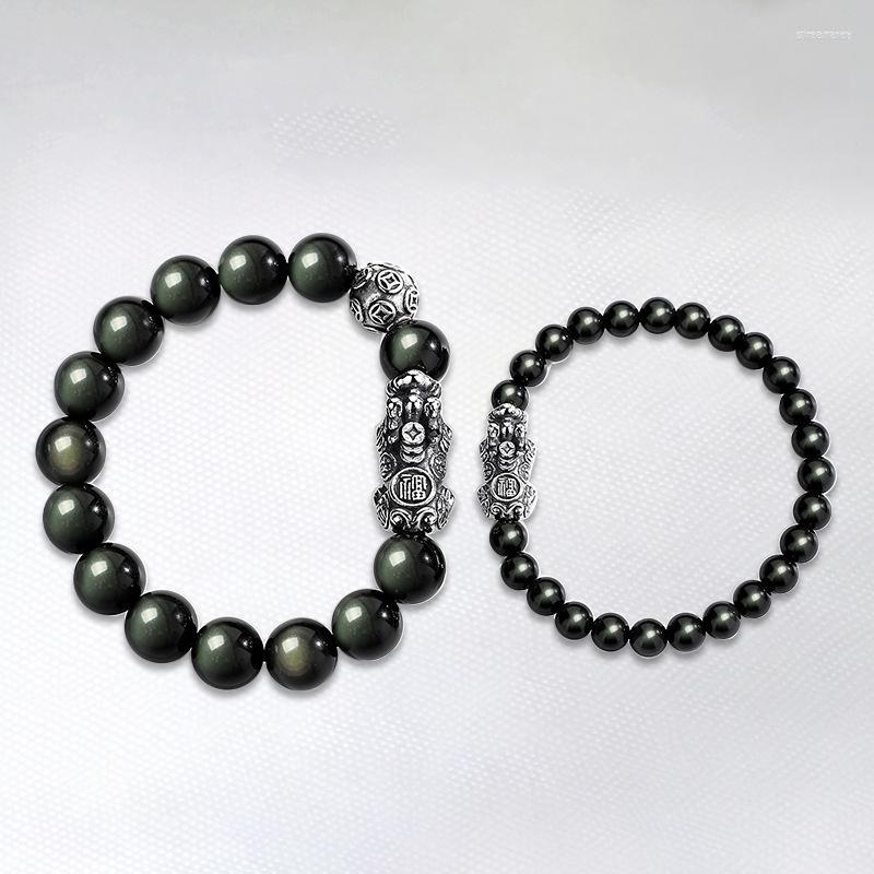 

Strand Drop Shop Black Natural Obsidian Stone Bracelets Round Beads With Tibetan Silver Pixiu Bracelet For Women Men Couples Jewelry