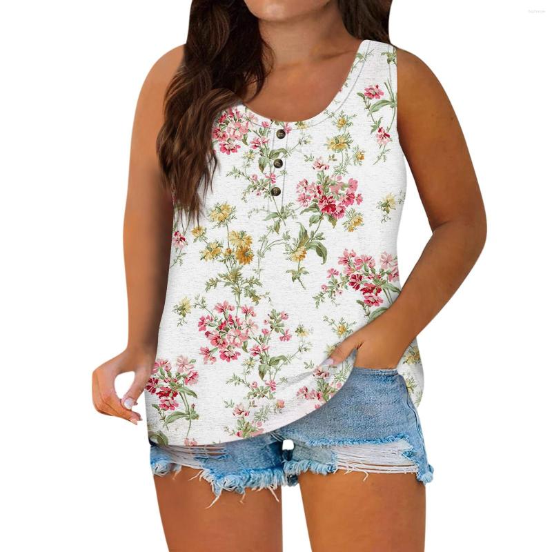 

Women's T Shirts Women Summer Plus Size Sleeveless Casual O-Neck T-Shirt Tops Blouse Female Comfort Floral Printed Button Tank Vest 2023, White