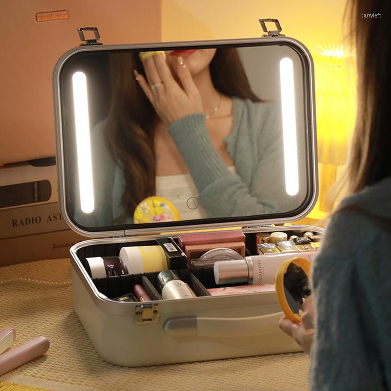 

Cosmetic Bags Large Bag With LED Mirror Smart Three Gears Dimmable Light Makeup Portable Travel Case Mirrors, White a with led