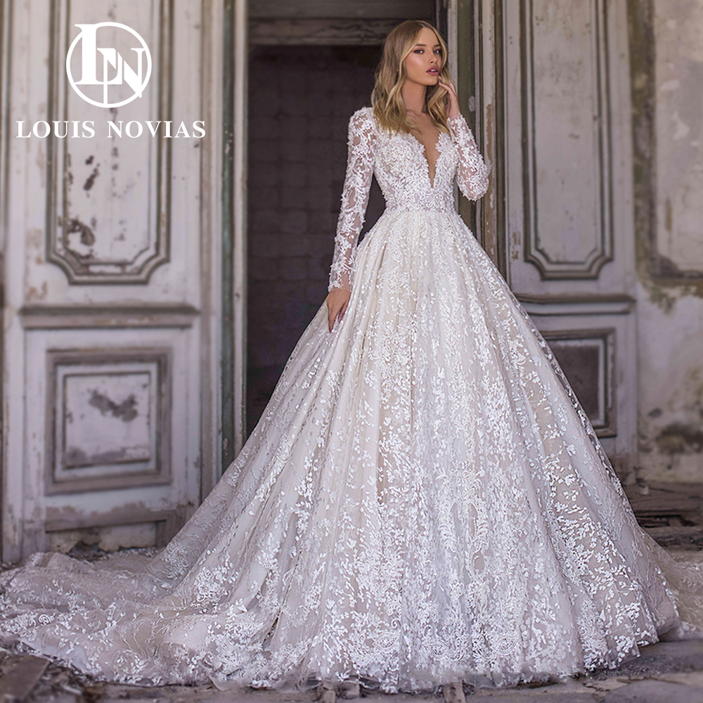 

Ball Gown Wedding Dress 2023 Long Sleeve Deep V-Neckline Appliques Beading Lace Dress for Bride Royal Train Vestidos De Novia, Beige