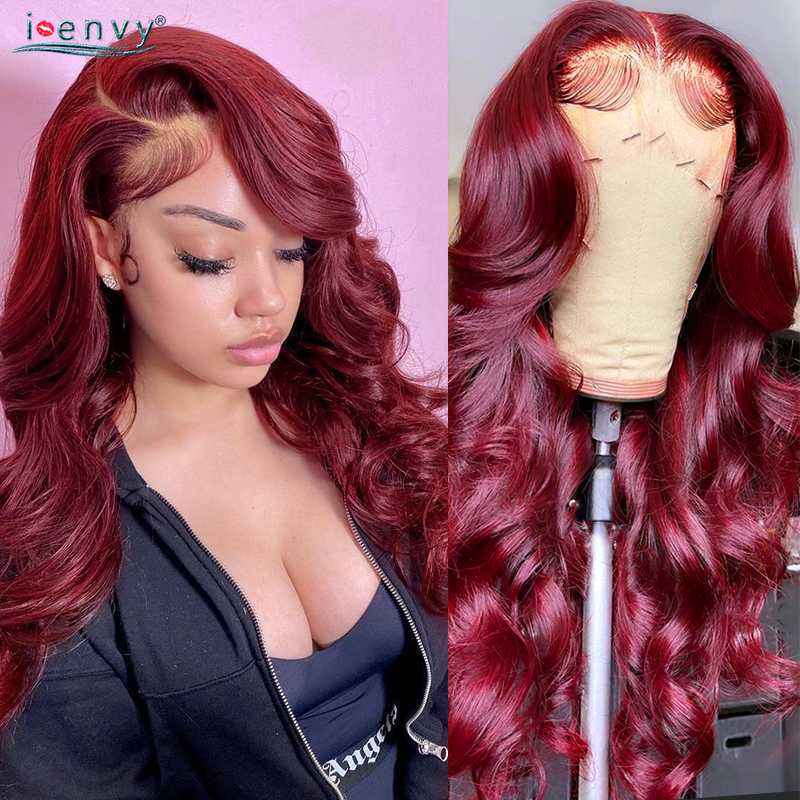 

Lace Wigs 13x4 Colored Burgundy Front Human Hair 99J Red Body Wave Frontal Wig Pre Plucked Peruvian Remy I Envy, Picture shown