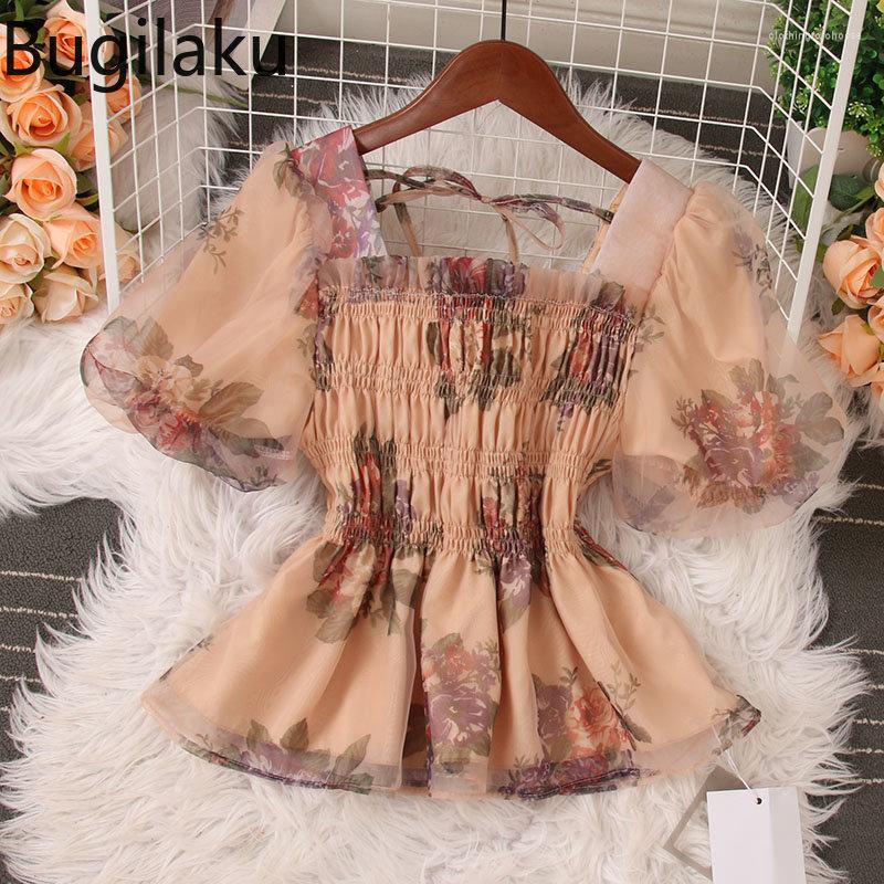 

Women's Blouses Bugilaku French Style Vintage Blouse Women Flower Printed Folds Slim Fit Shirts Female Square Collar Puff Sleeve Cheimse, Khaki