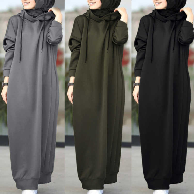 

Women's Muslim Autumn/Winter Solid Hooded Drawstring Loose Casual Pocket Long Sleeve Long Sweater Dress, Green