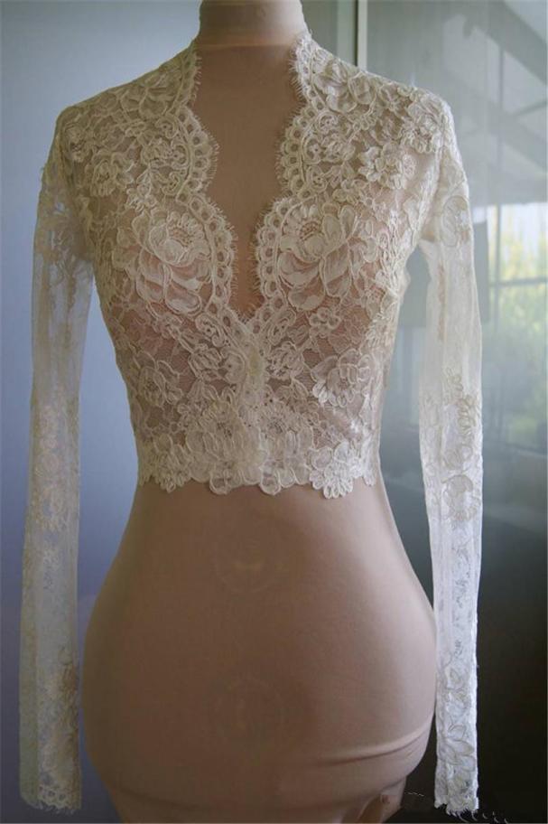 

Short Lace Bolero with Long Sleeves Bridal Wraps for Brides Cute WhiteIvory Wedding Bride Wraps with Eyelash Lace Trim3362221, White