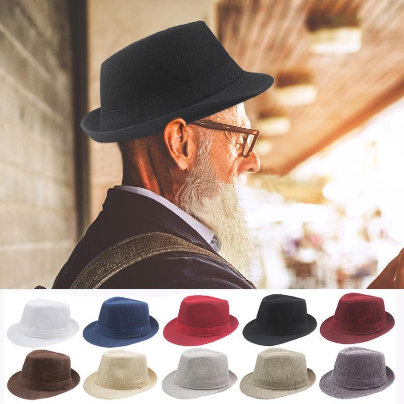 

Berets Vintage Cotton Linen Jazz Hat Women Men Wide Brim Flat Top Summer Sun Protection Panama Gentleman Bowler Hats, Auburn