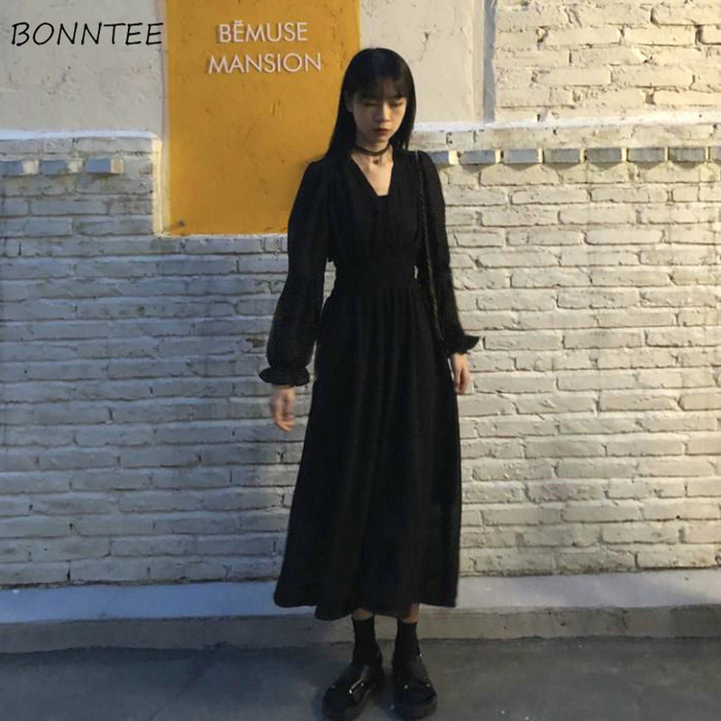 

Basic Casual Dresses Dres Autumn Chic Simple Elegant Puff Sleeve Vintage Black Ladies Streetwear Party Daily Vneck Female Clothing Vestidos 230627, Black-short sleeve