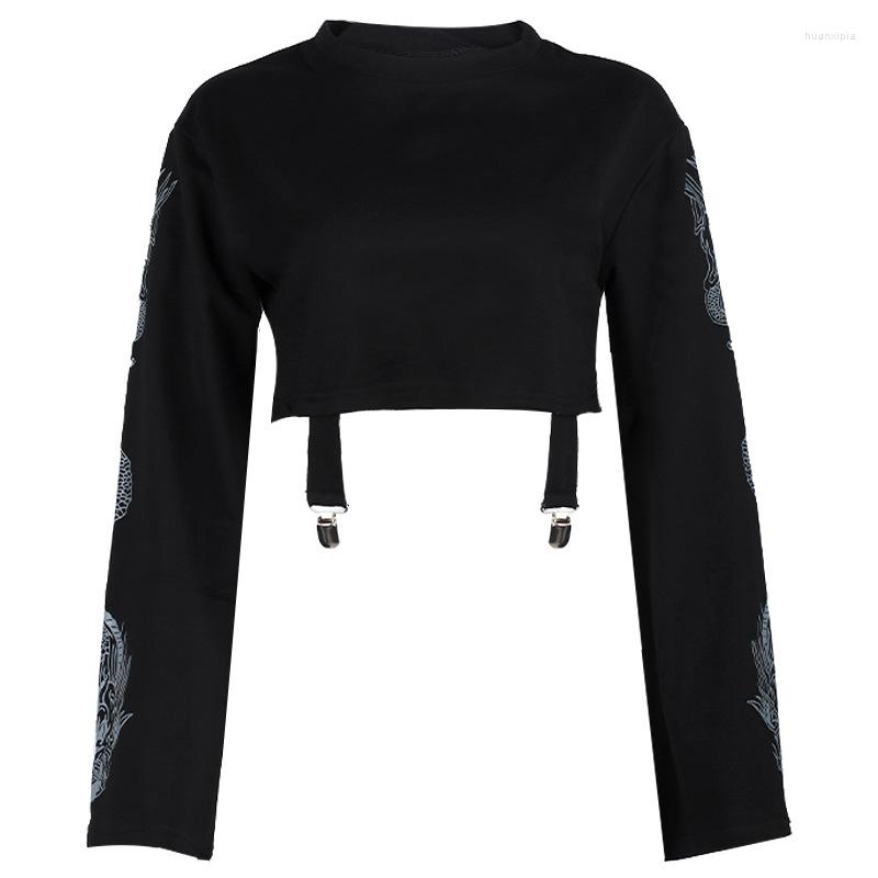 

Women' Hoodies Black Women' Loose Crew Neck Dragon Print Cropped Top Sweatshirt Navel Cotton Pullover Streetwear