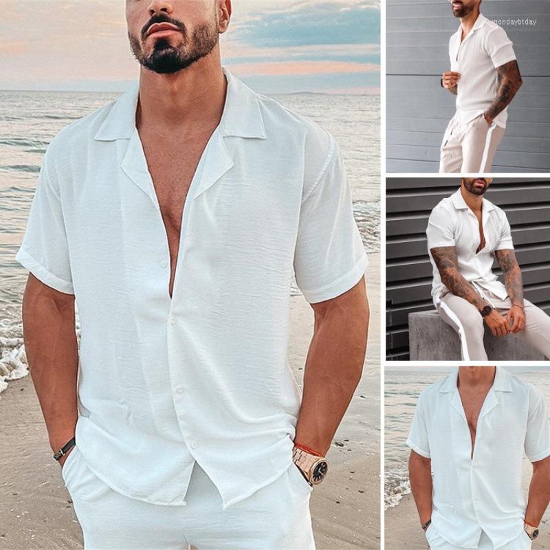 

Men' Casual Shirts Loose Cuban Collar Men' Short-sleeved Shirt, White