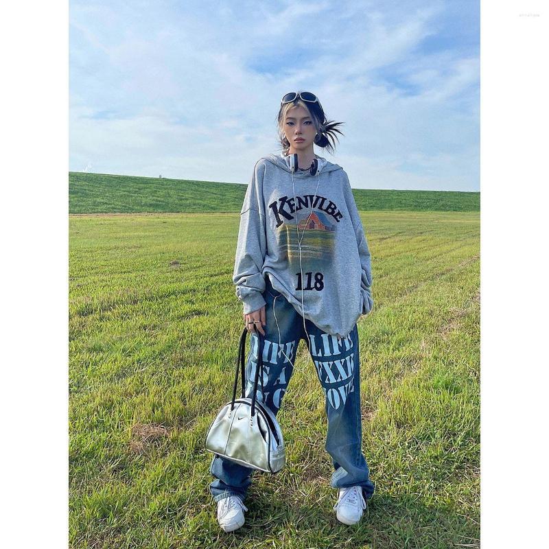 

Women's Jeans Guochao American Street Oversized Letters Niche Design Male And Female Ins Old Loose Casual Gothic Straight Long Pants