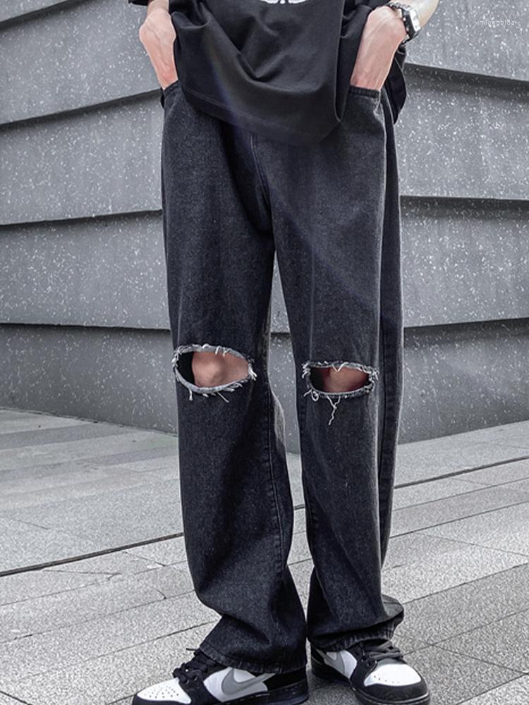 

Women's Jeans Men Hip Hop Summer Hole Denim Chic Korean Style Teens Simple Zipper Male Trousers Youth Streetwear Fashion Leisure Daily, Black