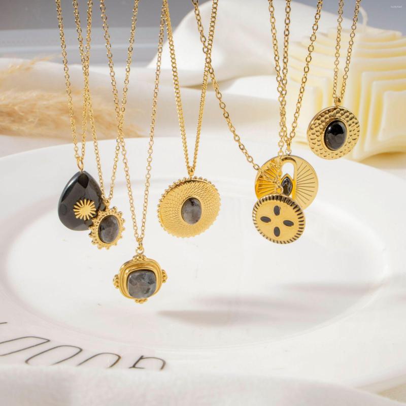 

Pendant Necklaces French Stainless Steel 18k Gold Plated Natural Stone Clavicle Necklace Vintage Black Gemstone