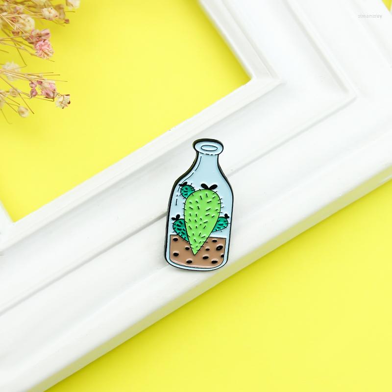 

Brooches Green Cactus Enamel Brooch Potted Plants In Glass Bottles Lapel Pin Fun Punk Custom Badge Gifts For Friends