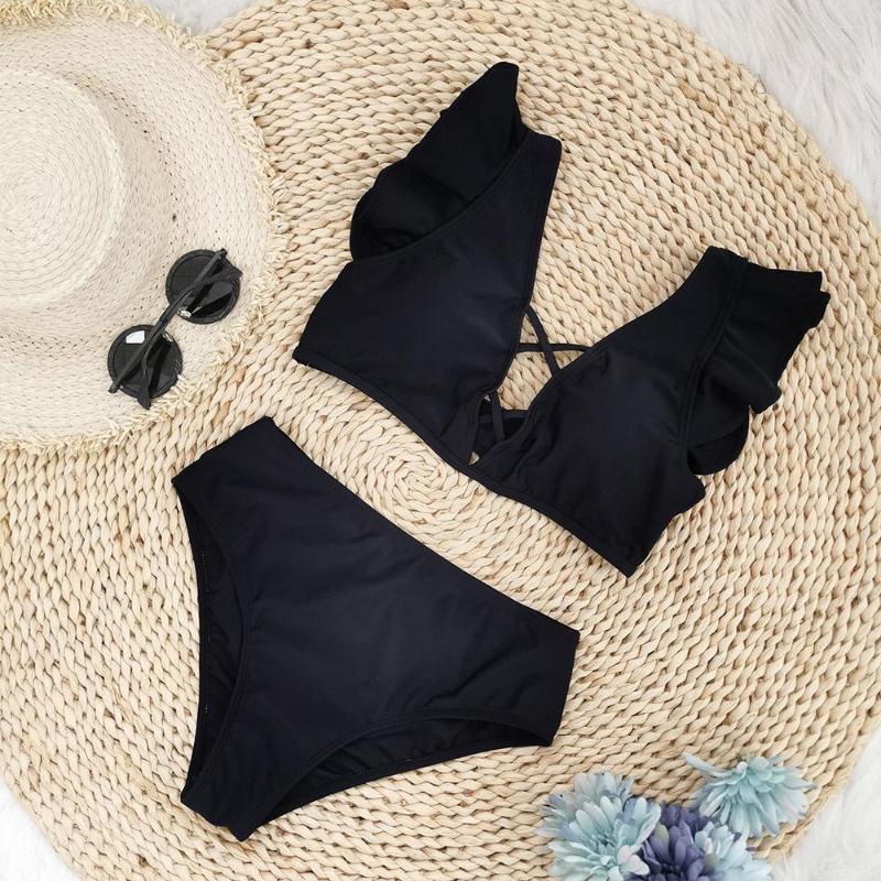 

Women' Swimwear Black Women Hollow Out Swimsuit Push Up Bikinis Bandage Sexy Solid Bikini Ruffle Summer Bathing Suits Bow Beach Wear, Red