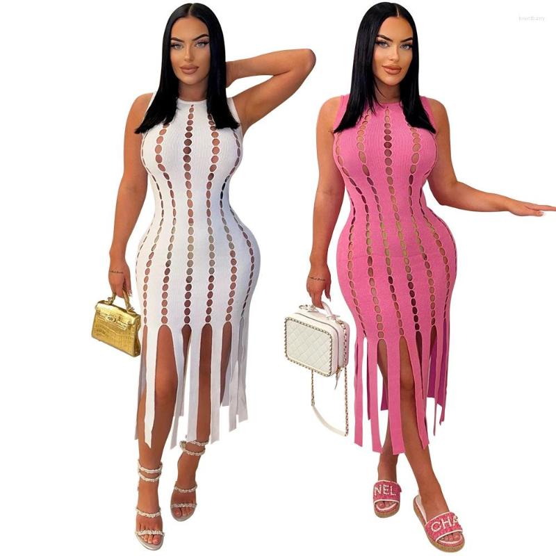 

Casual Dresses Prowow Fashion Dot Hollow Out Women Dress Tassel Solid Color Bodycons Outfits 2023 Summer Slim Fit Female Clothing, Pink