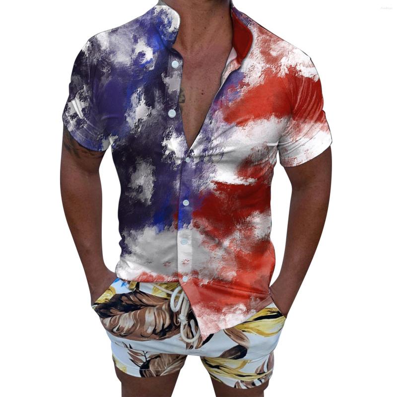 

Men's Casual Shirts Summer Beach Shirt Independence Day Tie Dye Fashion For Men Deep V-Neck Camisas Blusas Vacation Holiday Tops, Blue