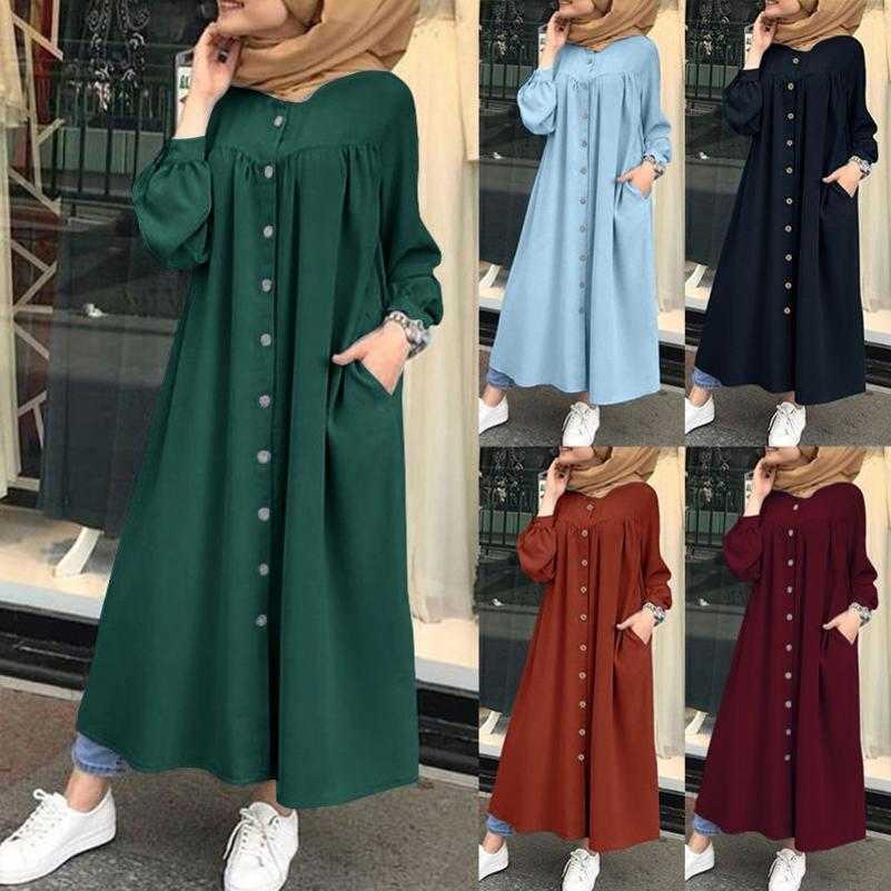 

Women's new Muslim lapel casual button long sleeved shirt Women's dress, Claret