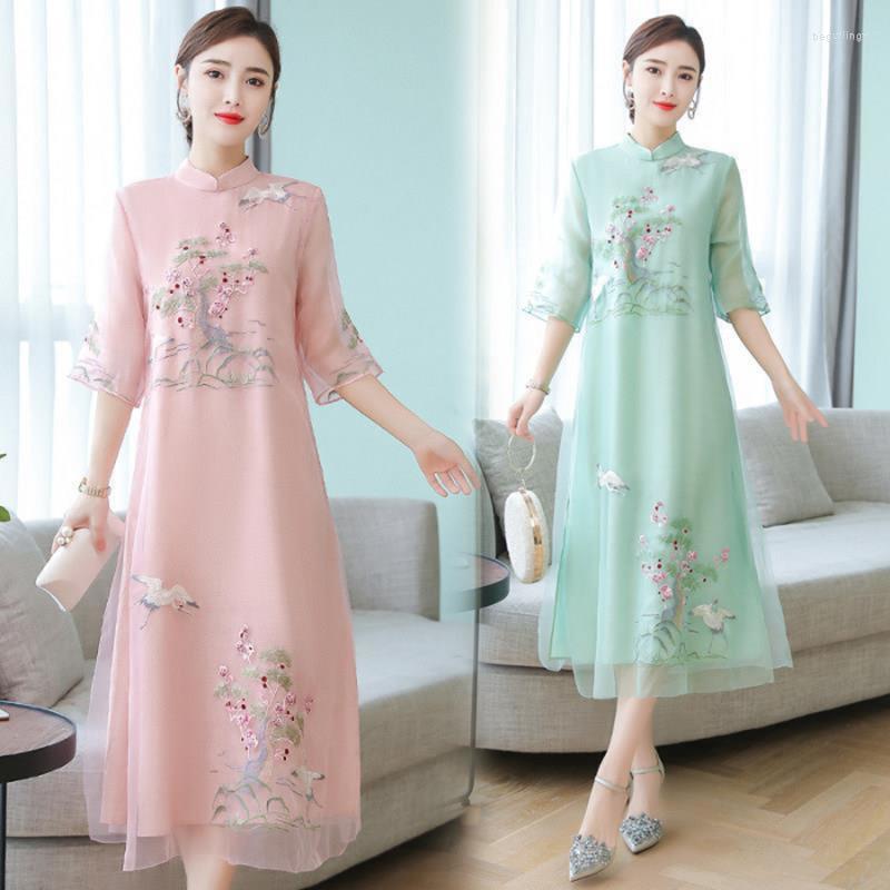 

Ethnic Clothing 1pcs/lot Women Cheongsam Retro Elegant Embroidery Long Mesh Dresses Floral Party Dress Chinese Summer