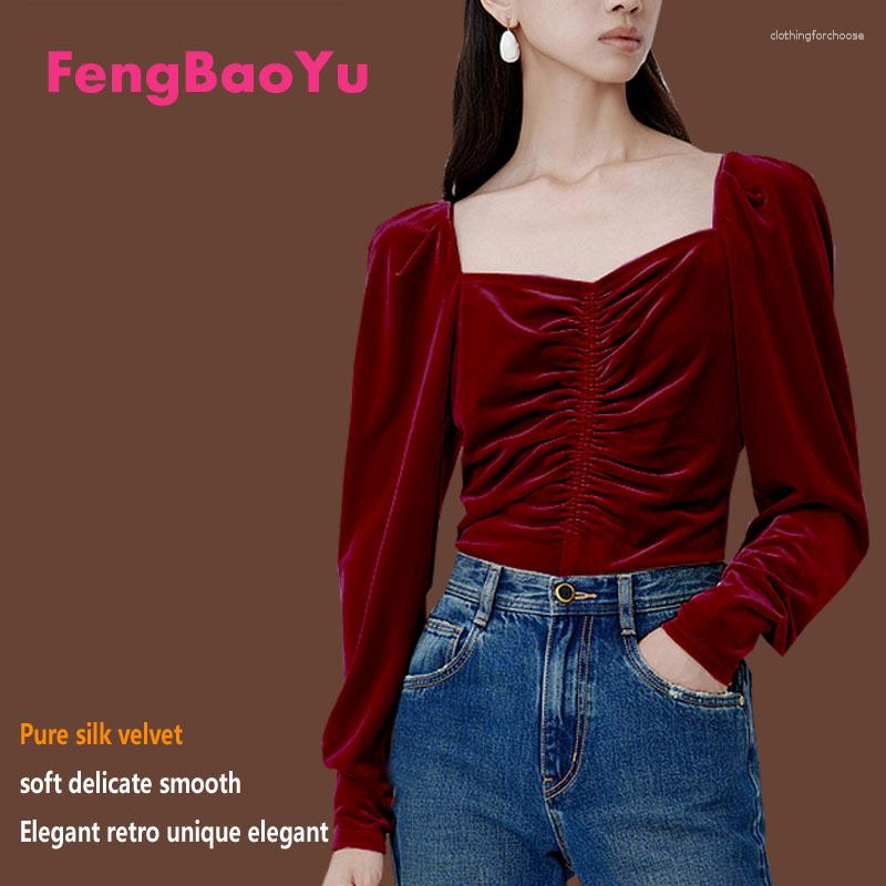 

Women's T Shirts Fengbaoyu Silk Velvet Spring And Autumn Lady Horseshoe Sleeved Blouse Vintage Square Bottomed Shirt Soft Light Women's, Dark green