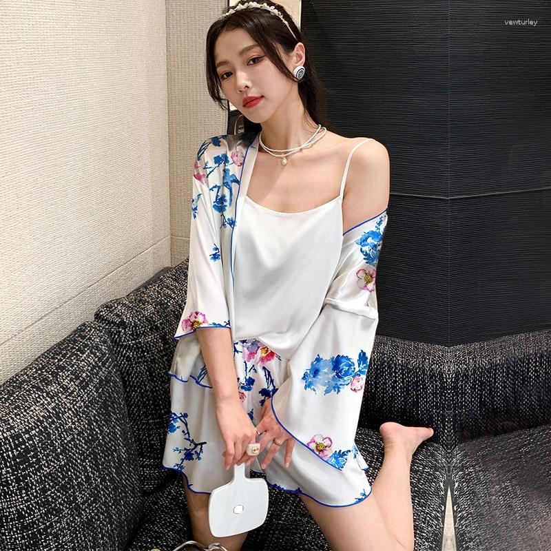 

Women's Sleepwear 3PC Silk Robe Sleep Suit Womens Satin Pajamas Gown Set V-Neck Cami Nighties Wear Pijama Home Nightwear Spring Nightdress, Black