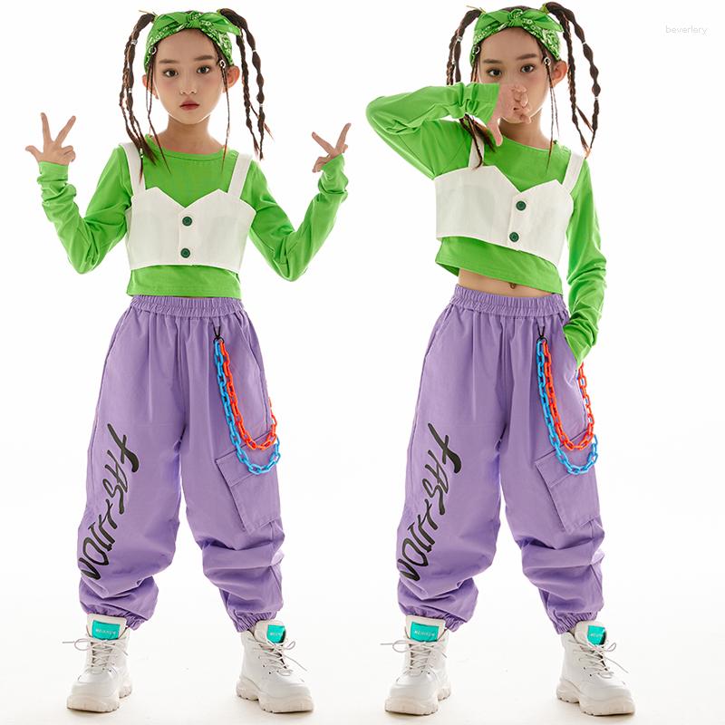 

Stage Wear Fashion Kids Hip Hop Clothes Green Tops Purple Cargo Pants For Girls Jazz Dance Costume Concert Festival Clothing Rave BL9575, Tops-vest 2pcs