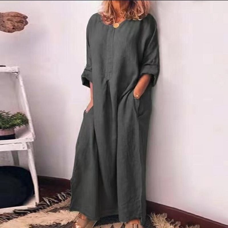 

Basic Casual Dresses Women Vintage Spring Fall Oversized Long Maxi Dress Solid Simple Sleeve Slit Hem Cotton Linen Robe 230627, Burgundy
