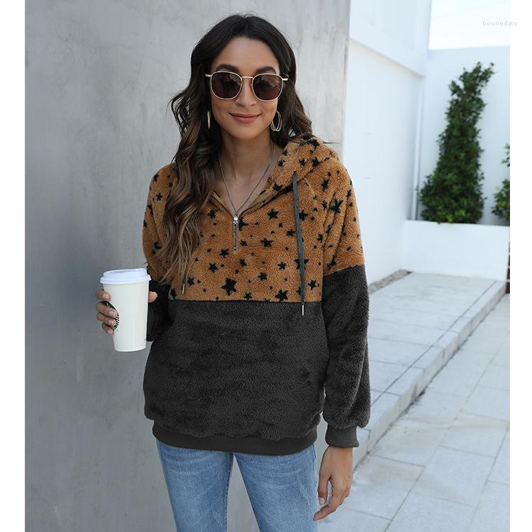 

Women' Hoodies 2023 Autumn Winter Star Zipper Pocket Blouse Plush Stitching Sweater Hoodie, Black