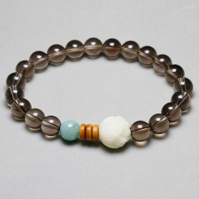 

Strand Natural Smoky Crystal With White Bodhi Engraved Lotus Amazonite Bead Bracelet Meditation Men Women ZEN Freedom Jewelry