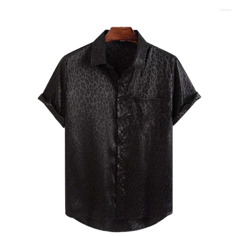 

Men' Casual Shirts Mens Satin Leopard Print Stylish Smooth Short Sleeve Button Down Dress Shirt Men Hawaiian Party Camp Tops Chemise Homme, As picture show