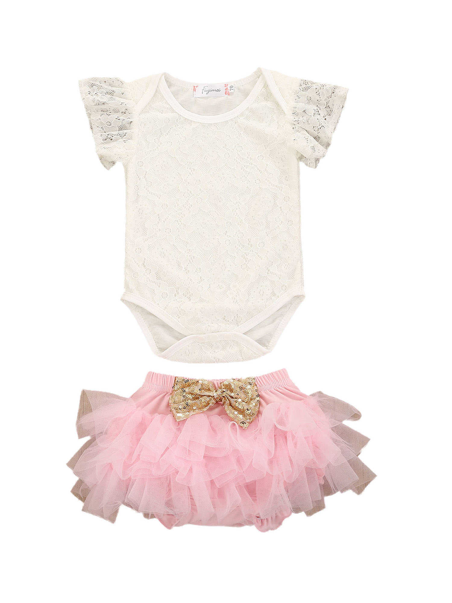 

T-shirts Two Piece Baby Girls Clothes Fresh Solid Color Lace Short Sleeve Romper and Bow Triangle Shorts pants sets/round neck x0628, White