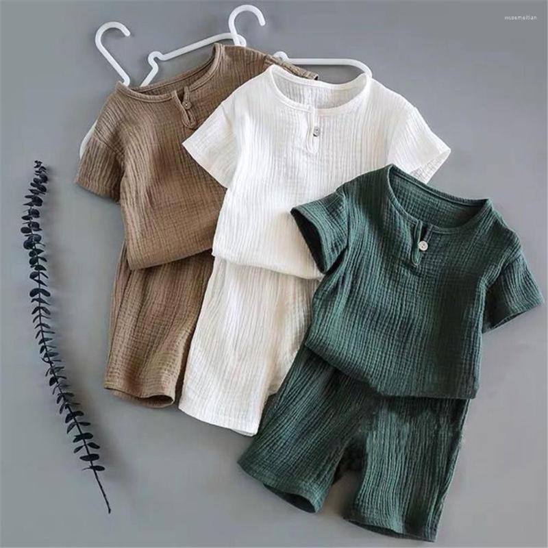 

Clothing Sets 0-6Y Boys Girls Summer Solid Cotton Linen T-shirts Elasctic Shorts Kids Clothes Casual For Children, White