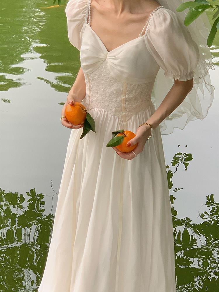 

Party Dresses French Vintage Elegant Fairy Summer Puff Sleeve High Waist A-line Midi Korean Sweet Vestidos 2023, Picture