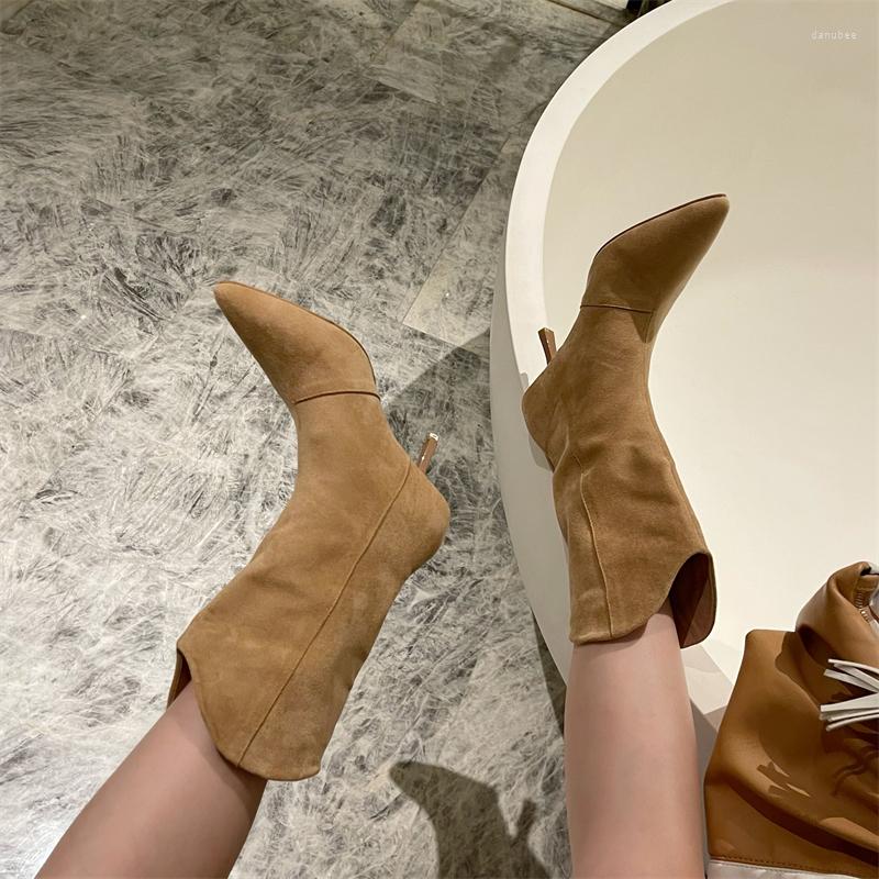 

Boots 2023 Fashion Pleated Ankle Autumn Winter Pointed Toe Flock Women Socks Back Zip Lady Thin High Heels For